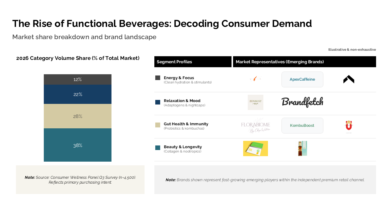 Shows functional beverage market share via a stacked bar chart with a corresponding brand landscape comparison table — Charts & Data Visuals / Bar Charts / Stacked Bar & Column…