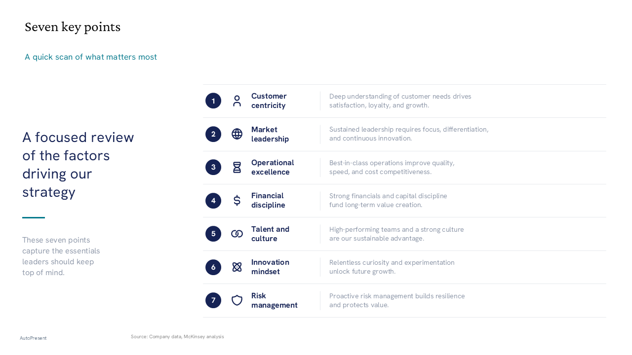 Strategic framework listing seven key business drivers using a clean, numbered list layout with icons and descriptive text — General Inspiration presentation slide preview