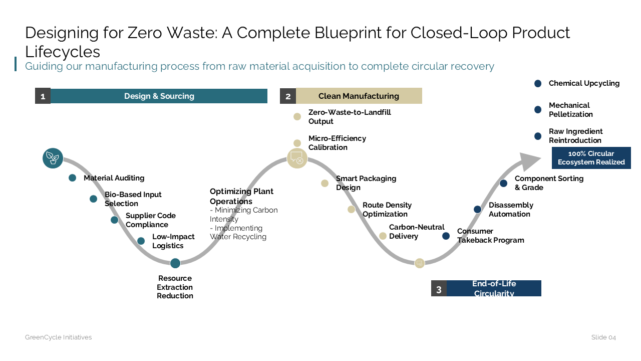 Circular economy manufacturing roadmap using a curved timeline to map operational steps across three lifecycle stages — Frameworks & Diagrams / Process, Journey & Roadmap /…