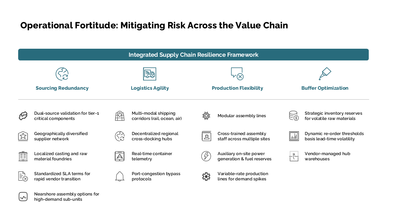 A four-column framework slide detailing supply chain resilience strategies across sourcing, logistics, production, and inventory buffers — Frameworks & Diagrams / Structures…