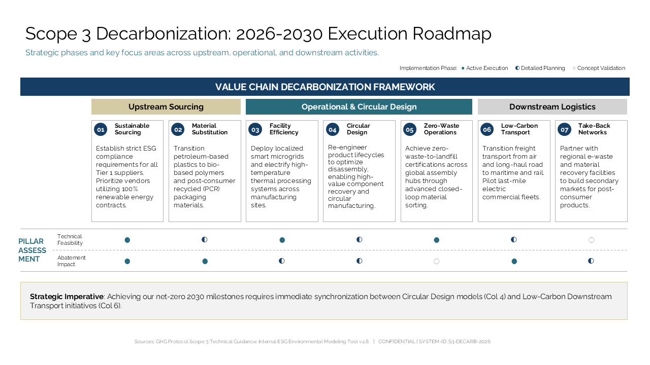 Roadmap slide visualizing decarbonization execution phases across value chain with a 7-card vertical structure and feasibility matrix — Frameworks & Diagrams / Process, Journey &…
