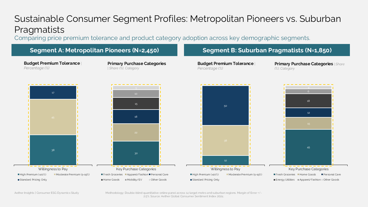 Two-column layout comparing consumer segments on sustainability premium tolerance and purchase categories using stacked bar charts — Frameworks & Diagrams / Funnels, Segmentation &…