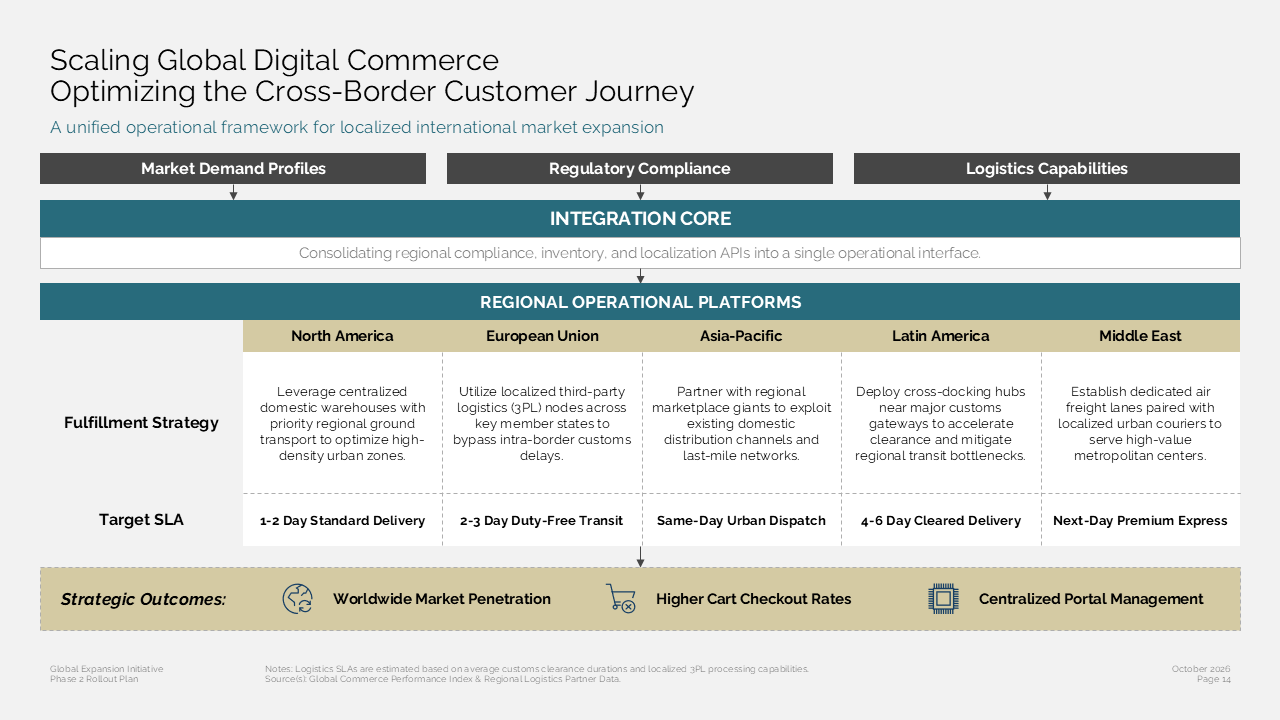Operational framework grid comparing regional fulfillment strategies and SLAs for scaling global digital commerce — Frameworks & Diagrams / Prioritization, Assessment & Decision /…