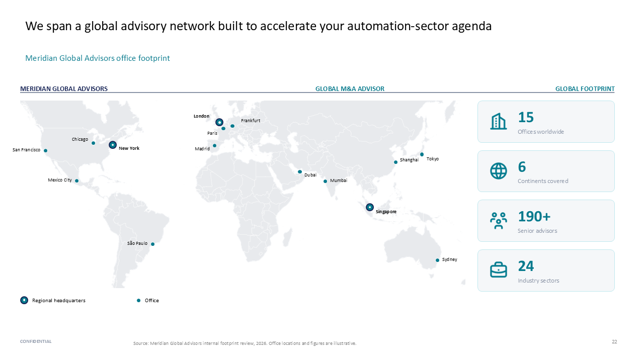 Global office footprint map paired with a vertical stack of key metrics cards illustrating company reach — Charts & Data Visuals / Maps presentation slide preview