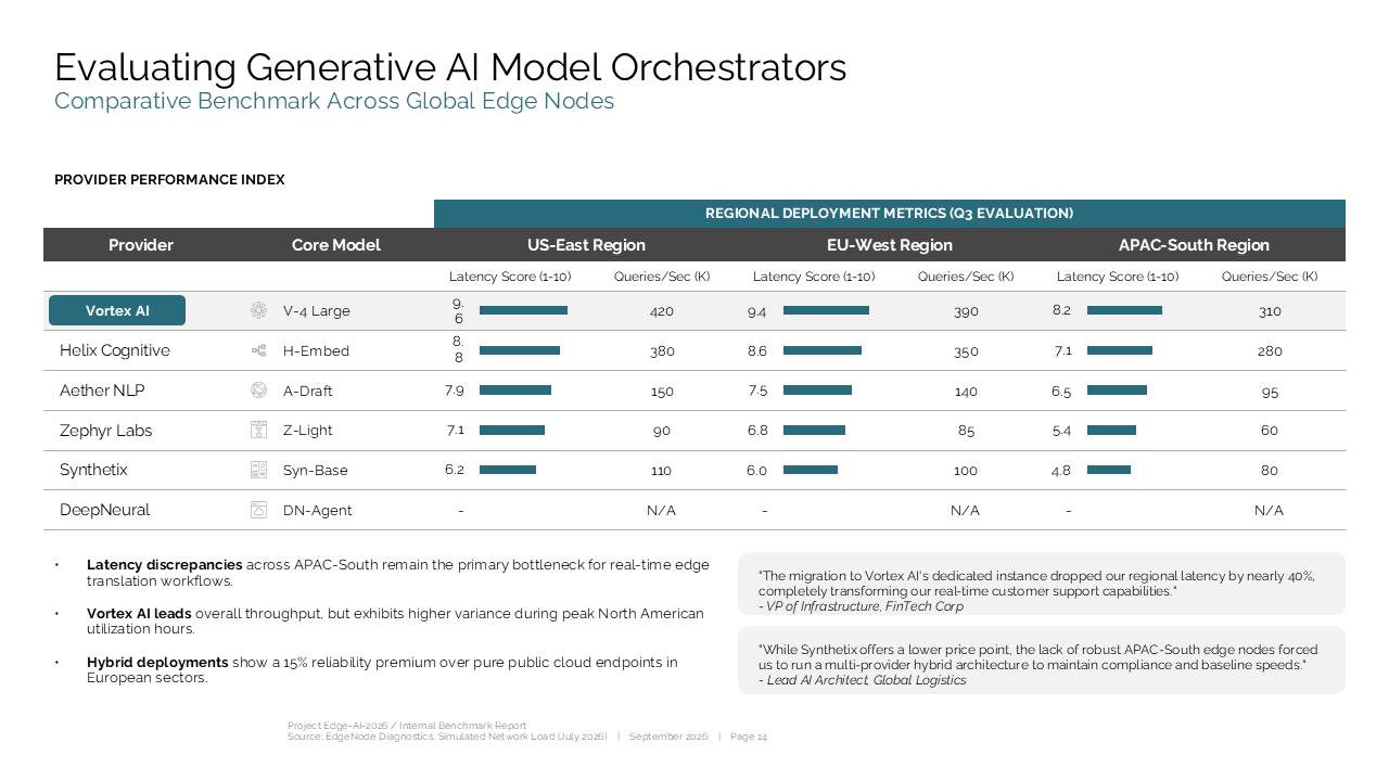 Performance benchmark slide featuring a complex comparative data table, regional metrics, and a two-column qualitative insights section — Frameworks & Diagrams / Prioritization…
