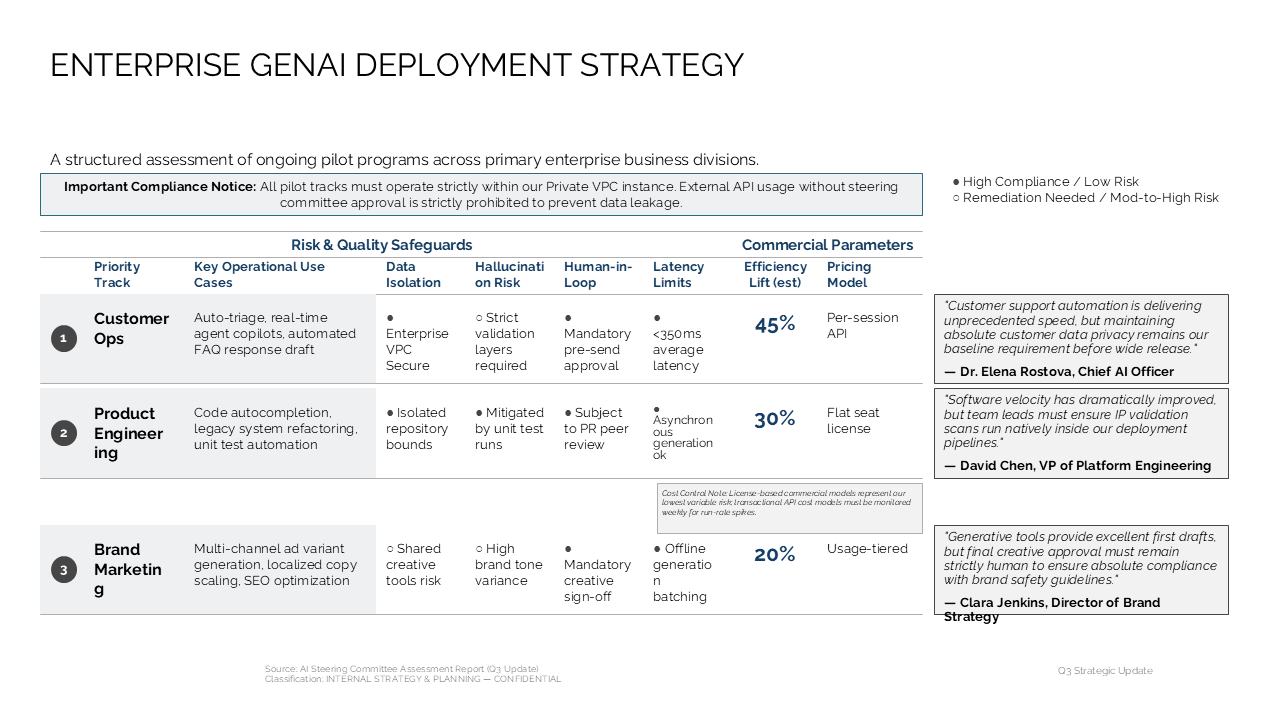 Compare GenAI pilot programs across divisions using a structured assessment table with risk indicators and executive quotes — Frameworks & Diagrams / Prioritization, Assessment &…