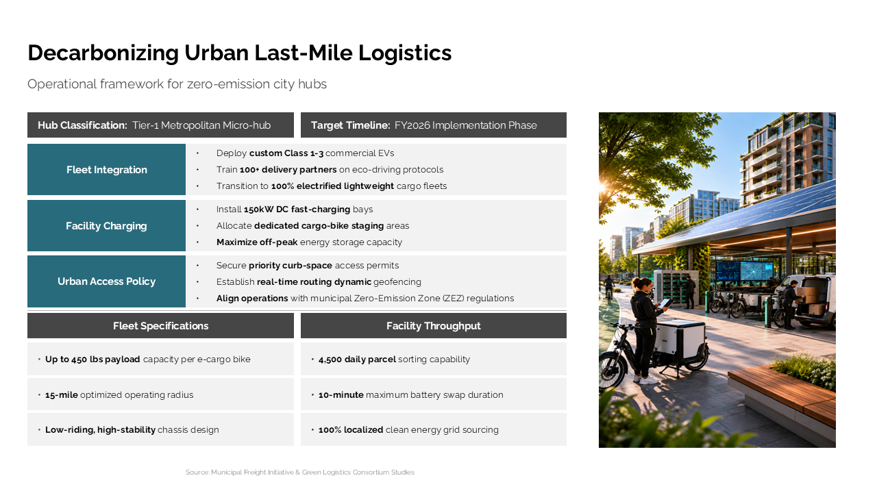 Operational framework for last-mile logistics using a grid layout with sidebar categorizations and a right-side hero image — Frameworks & Diagrams / Structures, Hierarchies &…