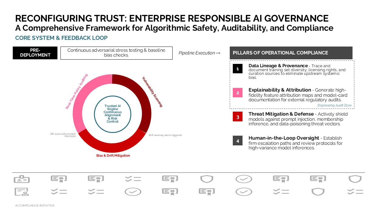 AI governance framework featuring a central feedback loop donut chart alongside a structured pillars list for operational compliance — Frameworks & Diagrams / Cycles, Systems &…