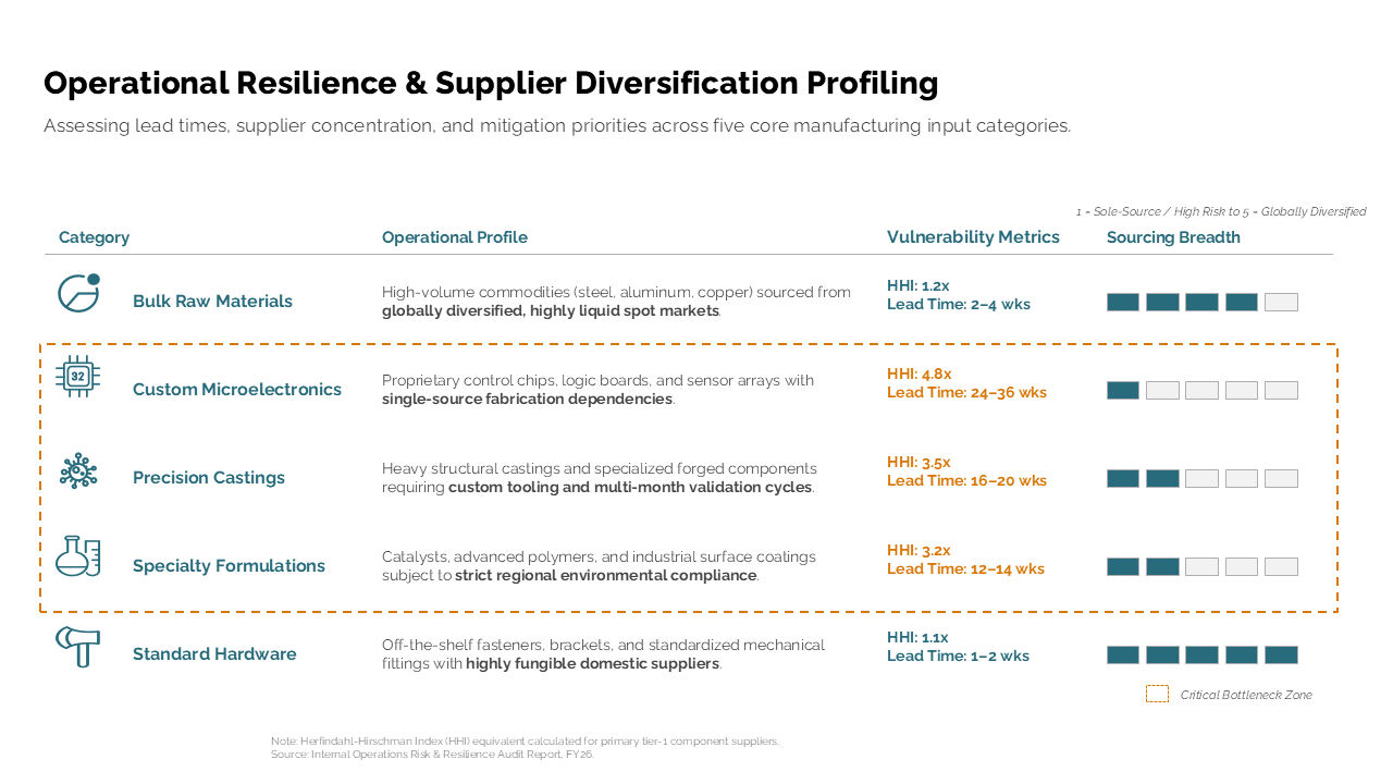 A comparison table visualizing supplier risk, resilience, and bottleneck zones across five manufacturing input categories — Frameworks & Diagrams / Prioritization, Assessment &…