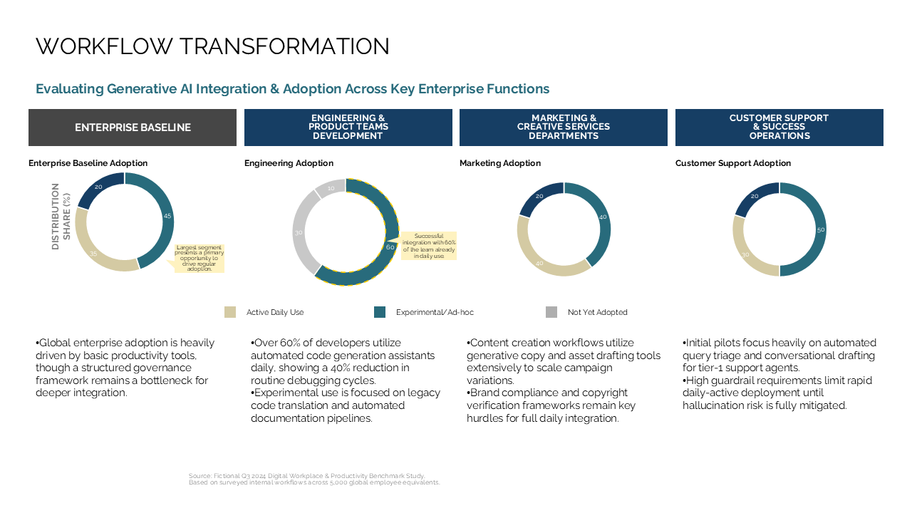 Four-column comparison slide using donut charts to visualize generative AI adoption rates across four key enterprise functions — Charts & Data Visuals / Pie & Donut Charts…