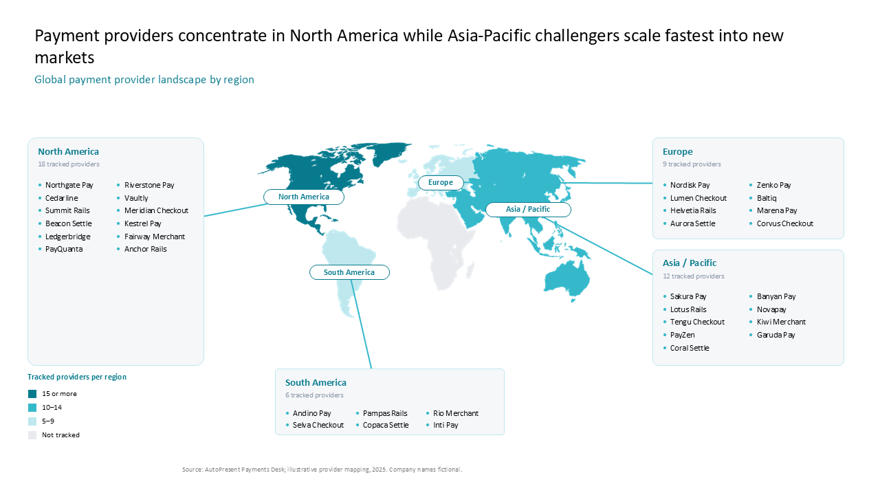 Global map with perimeter cards detailing payment provider market concentration and regional company lists — Charts & Data Visuals / Maps presentation slide preview