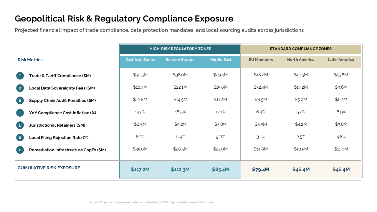 Geopolitical compliance risk comparison matrix using a color-coded data table to analyze financial impact across global jurisdictions — Frameworks & Diagrams / Prioritization…