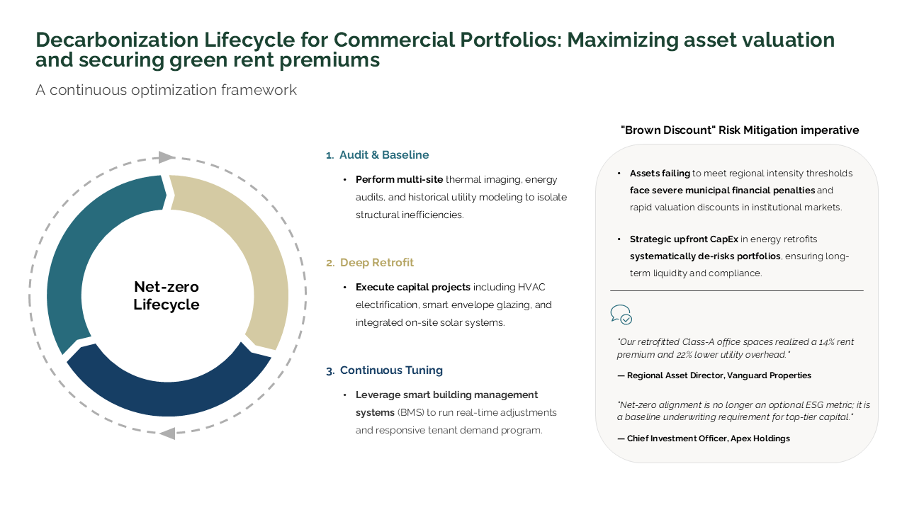 Circular diagram with process steps and risk sidebar illustrating the commercial portfolio decarbonization lifecycle — Frameworks & Diagrams / Cycles, Systems & Interdependencies /…