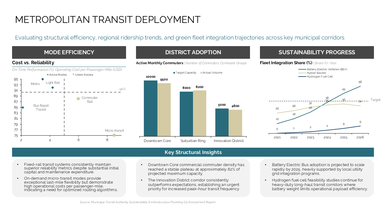 Dashboard analyzing transit efficiency, ridership, and sustainability via three-column charts and key insight boxes — Charts & Data Visuals / Dashboards & KPI Views presentation…