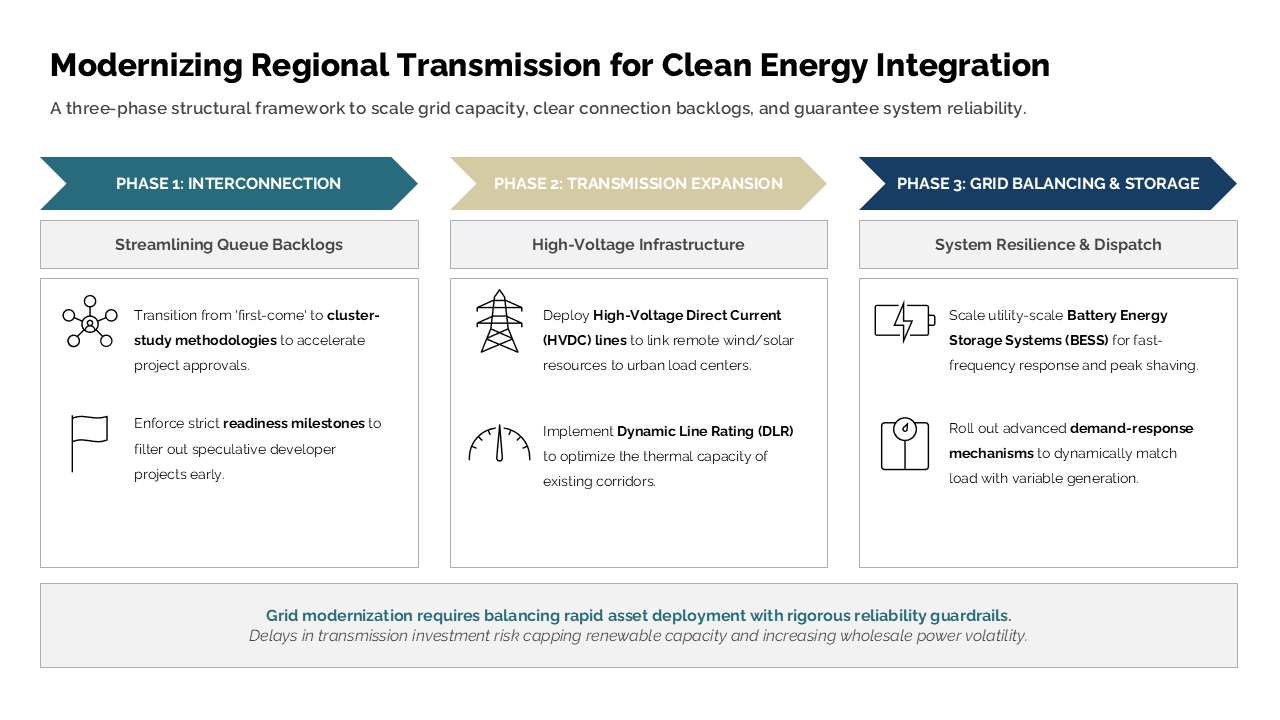 A three-column framework slide detailing a three-phase plan for grid modernization and clean energy integration using chevron headers — Frameworks & Diagrams / Process, Journey &…