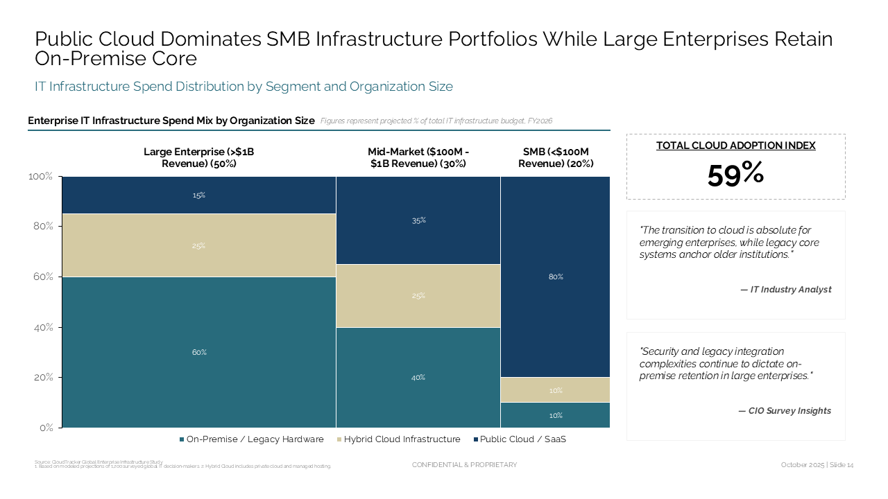Marimekko chart visualizing IT infrastructure spend across organization sizes with a sidebar highlighting key cloud adoption metrics — Charts & Data Visuals / Mekko Charts…
