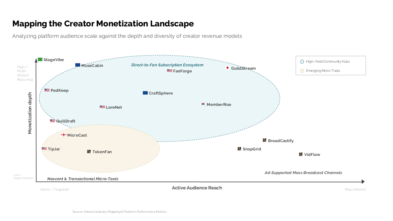 Market positioning map comparing creator platforms by audience reach and revenue depth — Frameworks & Diagrams / Ecosystems, Networks & Relationships presentation slide preview