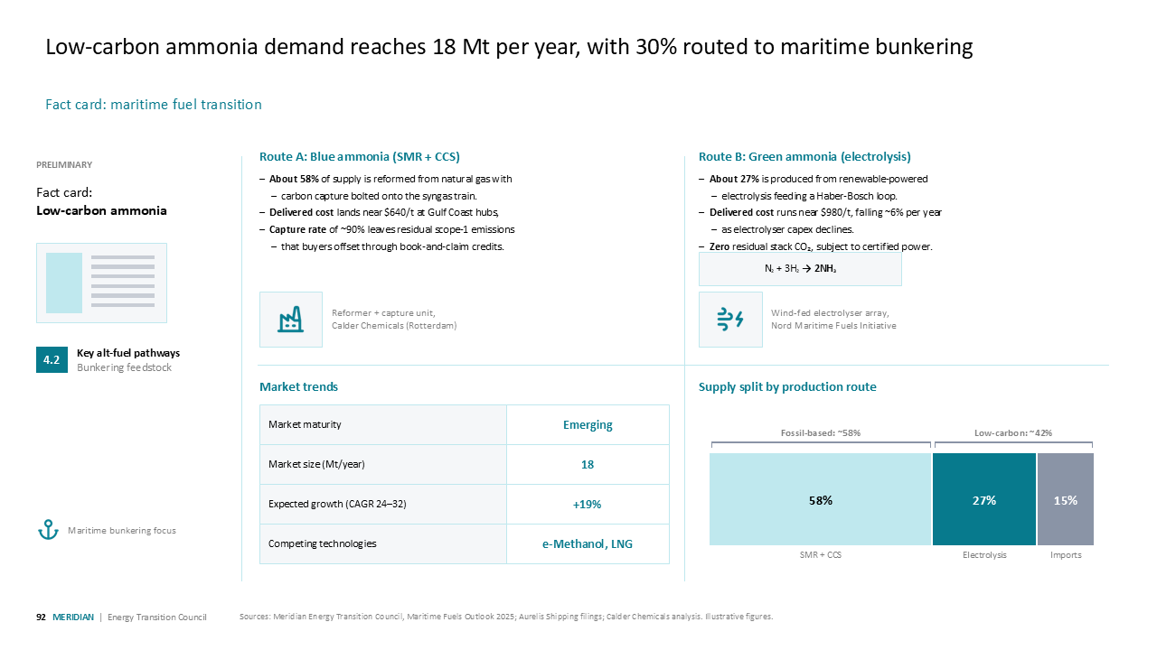 Fact card comparing blue/green ammonia production routes with a two-column grid, market trends table, and stacked bar chart — Frameworks & Diagrams / Prioritization, Assessment &…