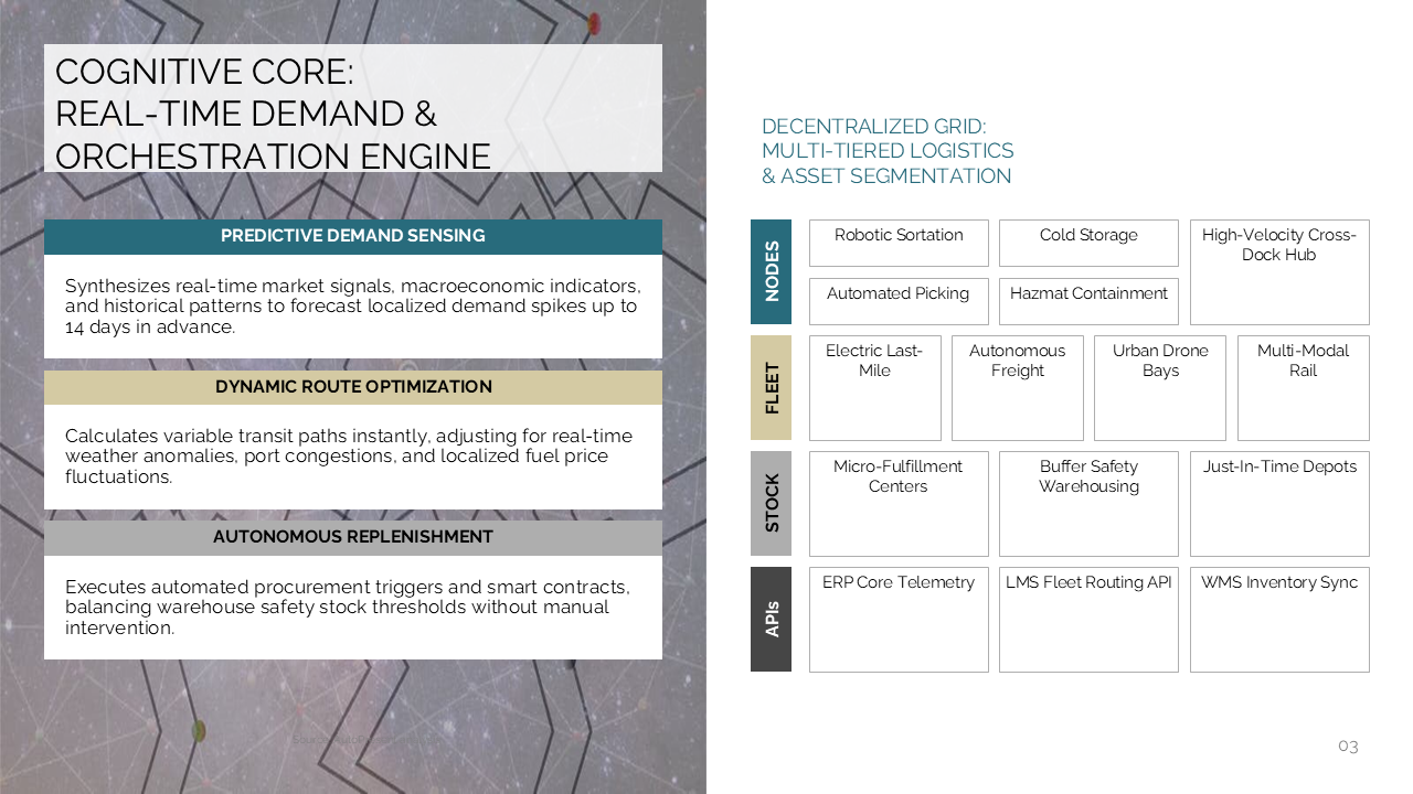 Logistics strategy slide featuring a two-column layout with a functional engine breakdown and a decentralized asset segmentation grid — Frameworks & Diagrams / Structures…