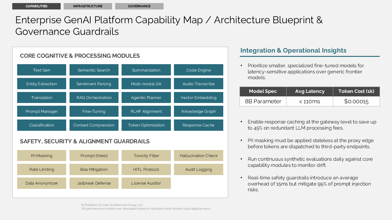 Enterprise GenAI platform architecture blueprint featuring a grid-based capability matrix and operational integration insights — Frameworks & Diagrams / Structures, Hierarchies &…