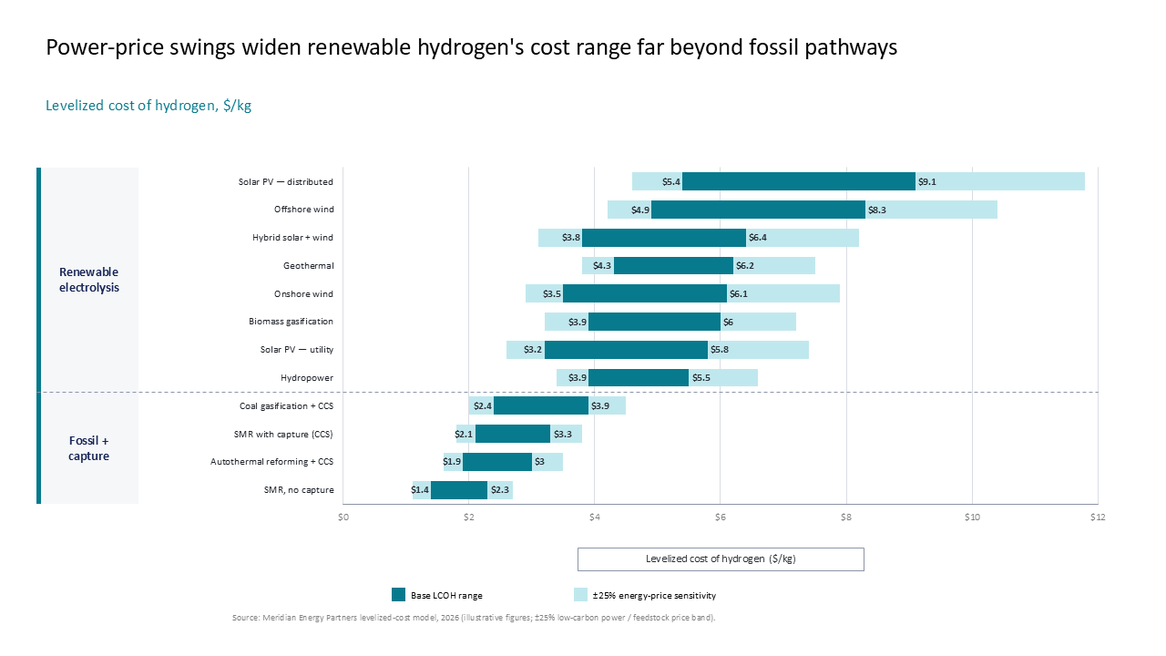 Horizontal range bar chart comparing levelized cost of hydrogen across renewable and fossil production methods with energy sensitivity — Charts & Data Visuals / Bar Charts /…
