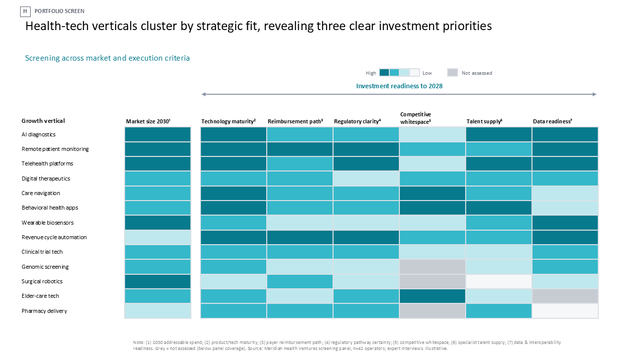 A portfolio screen of health-tech verticals evaluating strategic fit using a color-coded heatmap table layout for investment prioritization — Frameworks & Diagrams /…