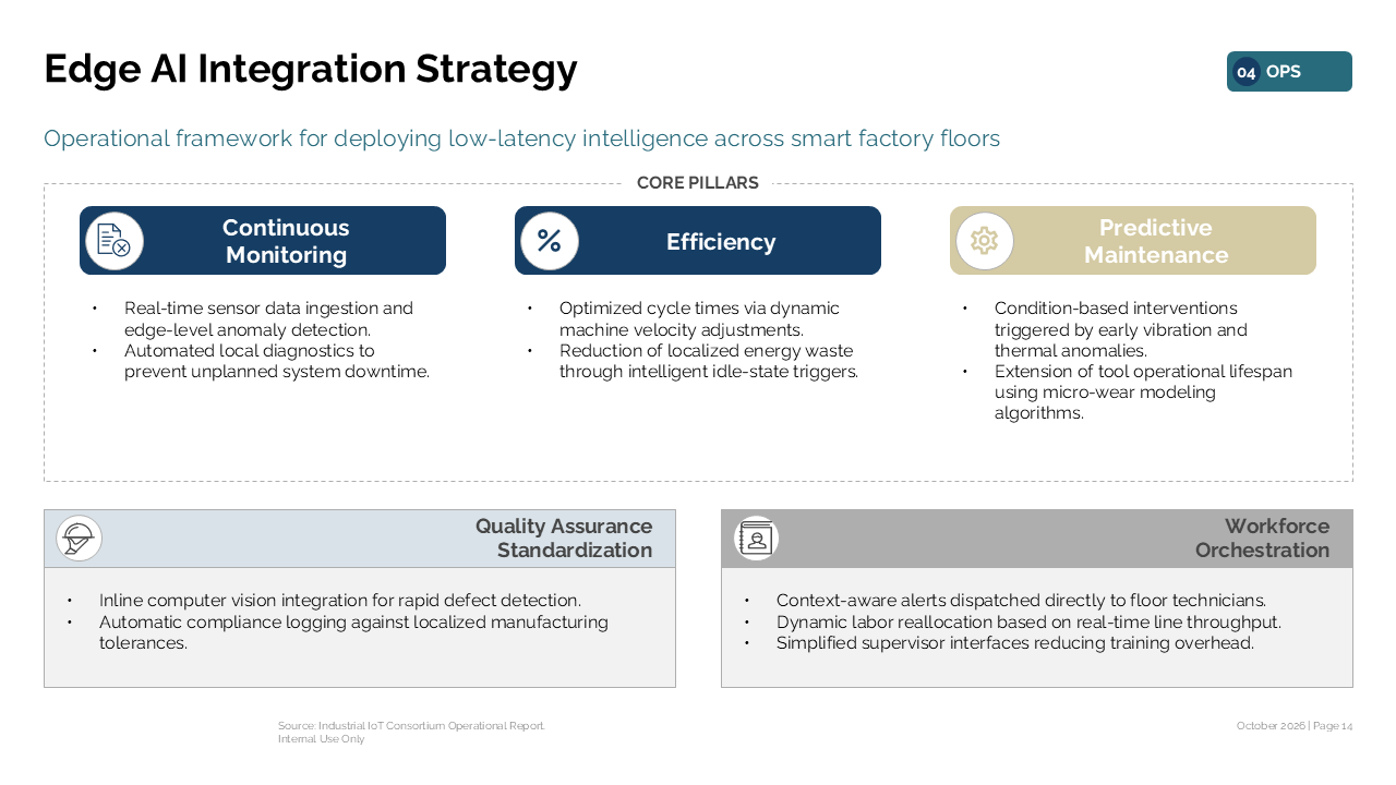 Three-pillar framework with bottom supporting blocks outlining Edge AI integration and smart factory operational strategies — Frameworks & Diagrams / Structures, Hierarchies &…