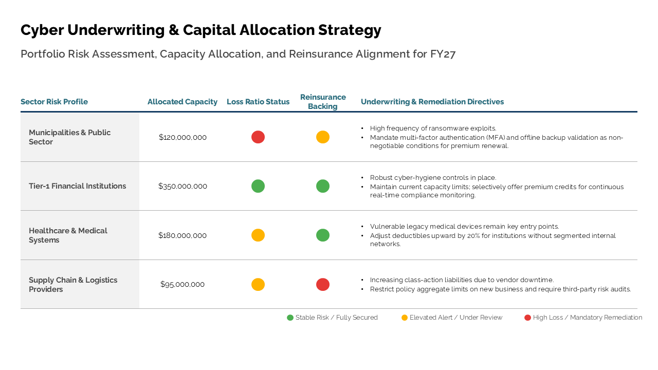 Cyber underwriting strategy table comparing capital allocation and risk status across industry sectors with a footer legend — Frameworks & Diagrams / Prioritization, Assessment &…