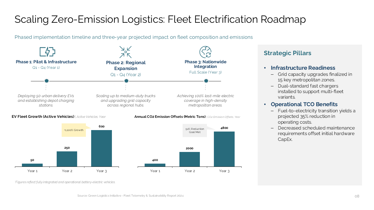 Logistics roadmap showing a three-phase EV fleet rollout with dual bar charts and a strategic pillars sidebar for sustainability metrics — Frameworks & Diagrams / Process, Journey…