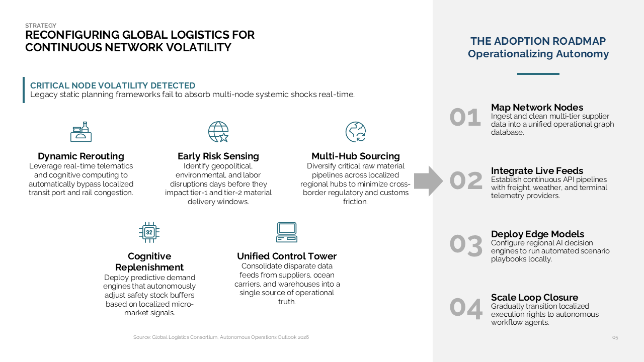 Strategy slide for global logistics with operational pillars in a grid and a right-side numbered adoption roadmap — Frameworks & Diagrams / Process, Journey & Roadmap / Roadmaps &…