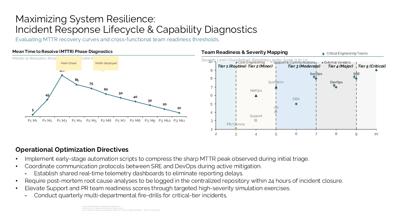 Analyzes system resilience and team readiness using a split layout containing a line chart, scatter plot, and bottom optimization directi — Charts & Data Visuals / Multi Chart…