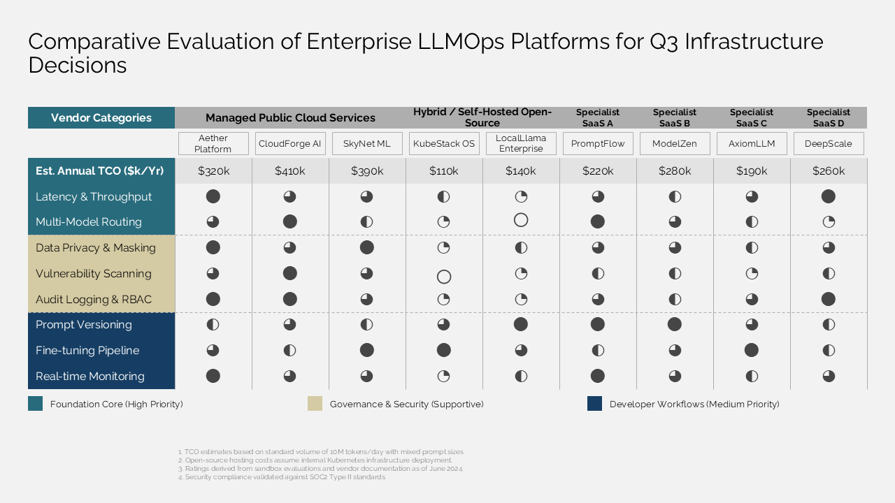 Comparative matrix for evaluating Enterprise LLMOps vendors using TCO data and qualitative Harvey ball ratings for feature capabilities — Frameworks & Diagrams / Prioritization…